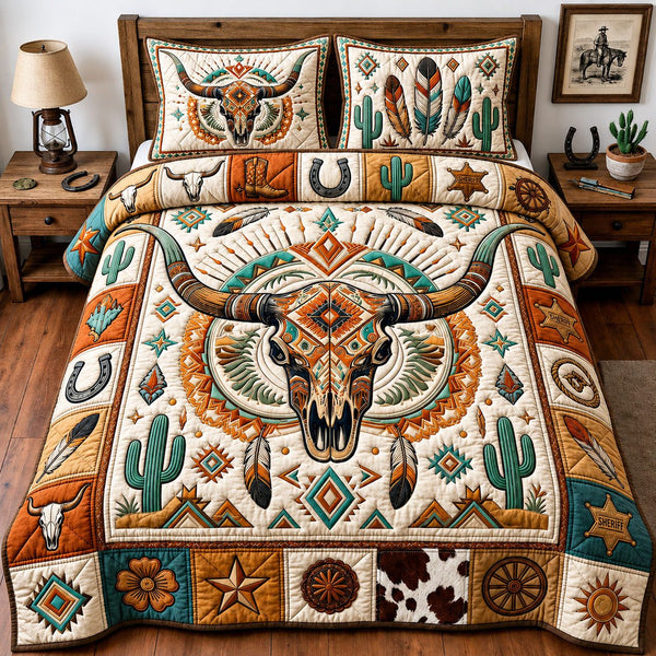 Western Bull Skull quilted 3-piece bedding set on a made bed against a dark styled interior
