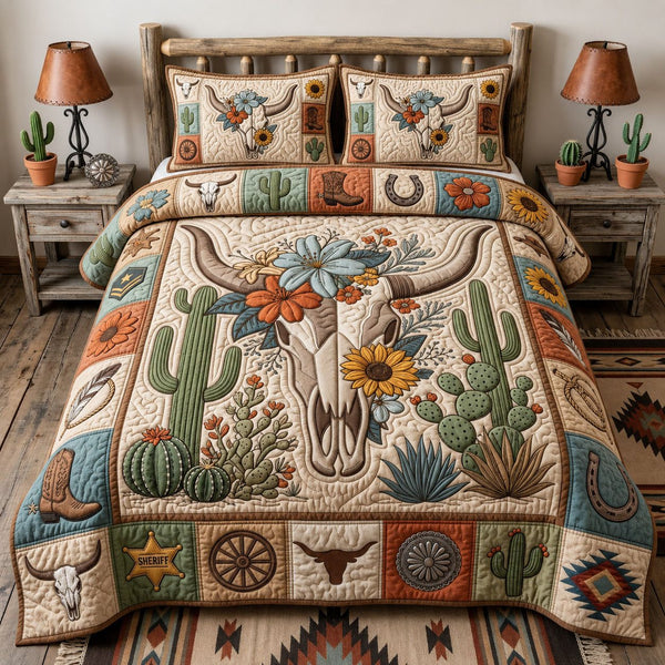 Western Bull Skull quilted 3-piece bedding set on a made bed against a dark styled interior