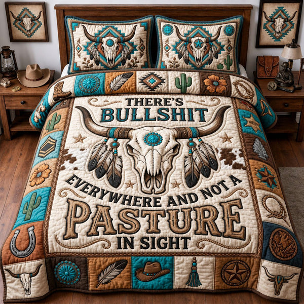 Western Bull Skull quilted 3-piece bedding set on a made bed against a dark styled interior