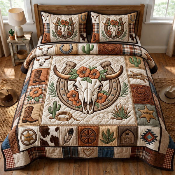 Western Bull Skull quilted 3-piece bedding set on a made bed against a dark styled interior