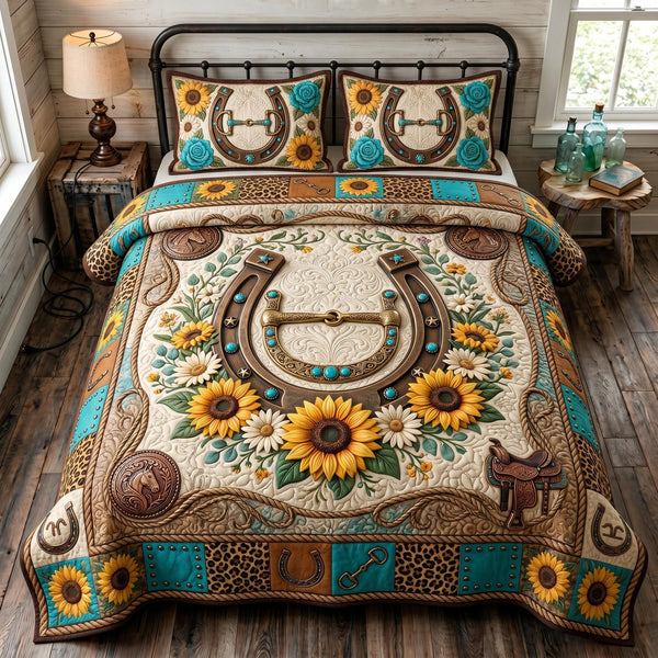 Western Charm quilted 3-piece bedding set on a made bed in a rustic timber bedroom