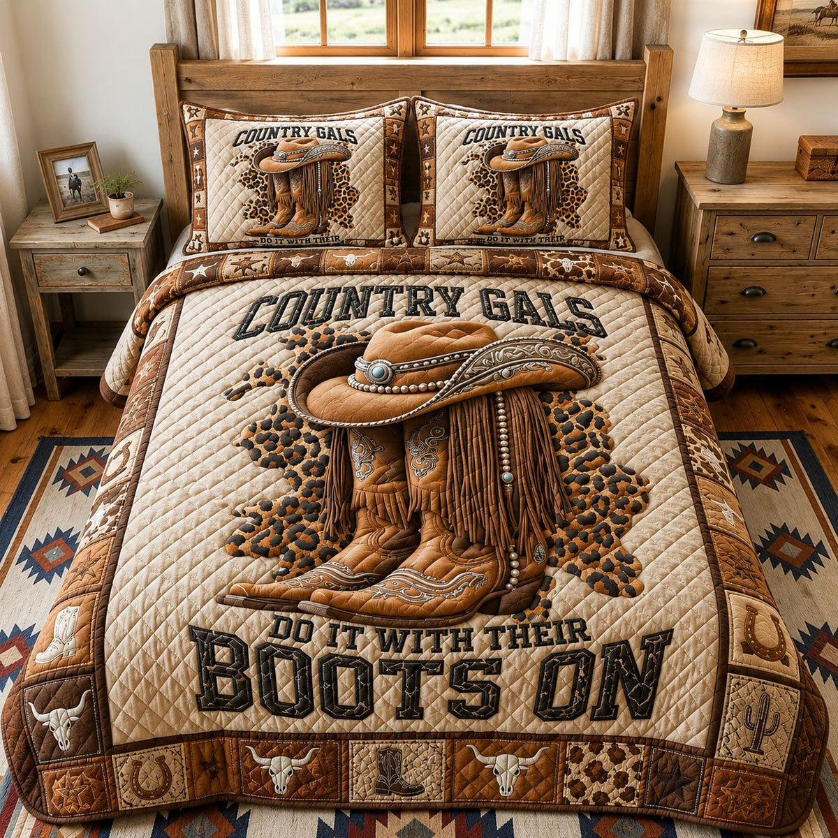 Western Country Gals quilted 3-piece bedding set on a made bed in a rustic timber bedroom