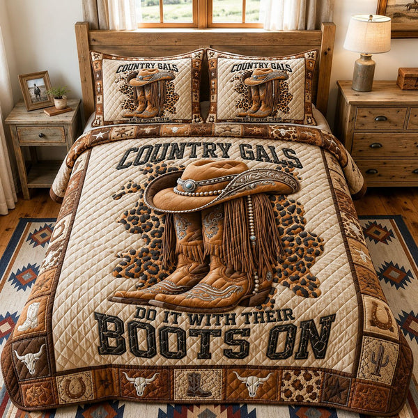 Western Country Gals quilted 3-piece bedding set on a made bed in a rustic timber bedroom