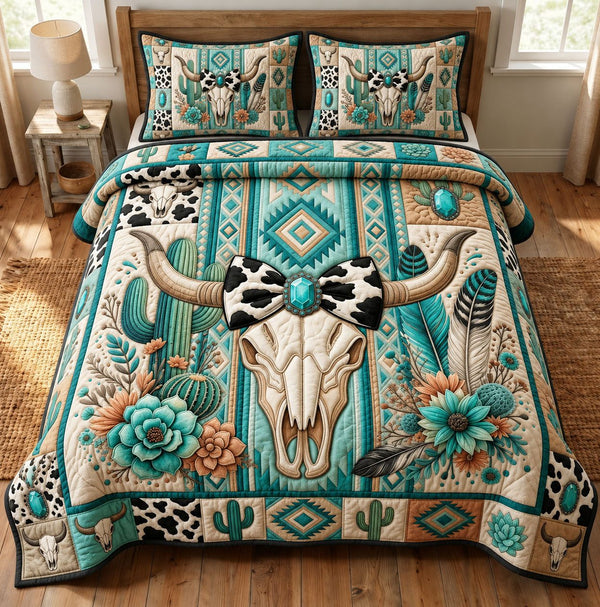 Western Cow Bow quilted 3-piece bedding set on a made bed in a rustic timber bedroom