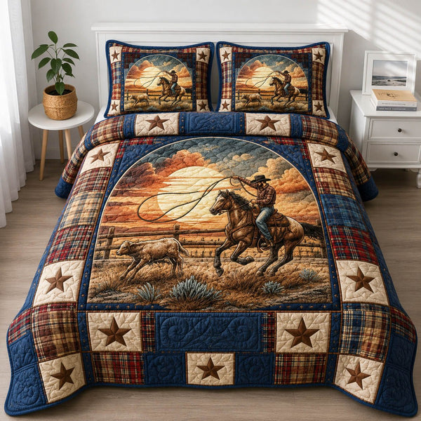 Western Cowboy quilted 3-piece bedding set on a made bed in a rustic timber bedroom