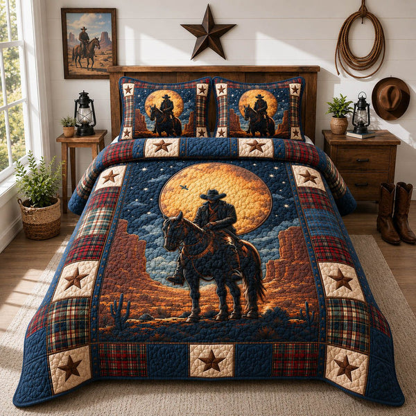 Western Cowboy quilted 3-piece bedding set on a made bed in a rustic timber bedroom