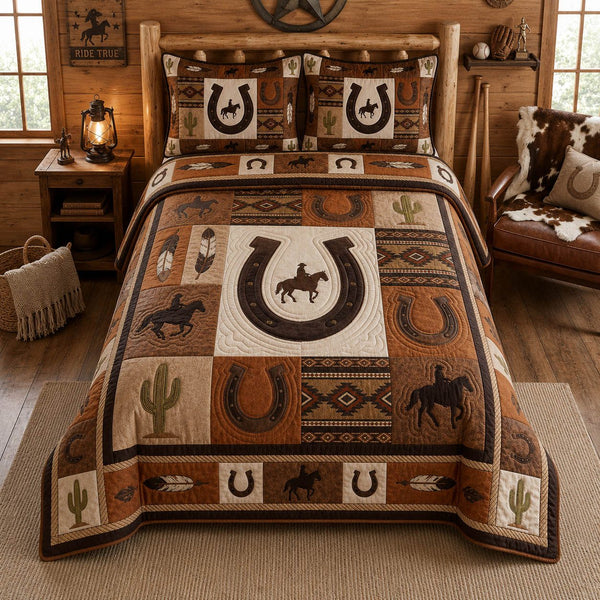 Western Cowboy quilted 3-piece bedding set on a made bed in a rustic timber bedroom
