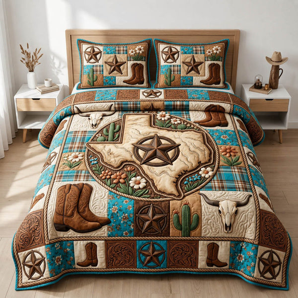 Western Cowboy quilted 3-piece bedding set on a made bed in a rustic timber bedroom
