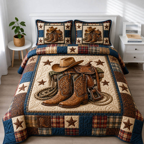 Western Cowboy quilted 3-piece bedding set on a made bed in a rustic timber bedroom