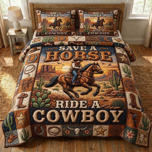 Western Cowboy quilted 3-piece bedding set on a made bed in a rustic timber bedroom