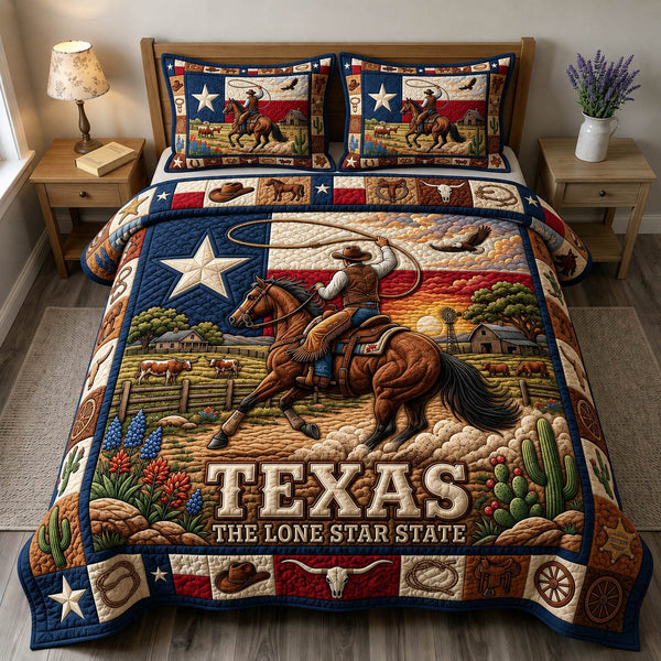 Western Cowboy quilted 3-piece bedding set on a made bed in a rustic timber bedroom