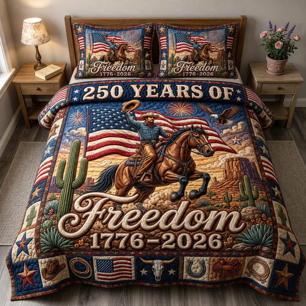 Western Cowboy quilted 3-piece bedding set on a made bed in a rustic timber bedroom