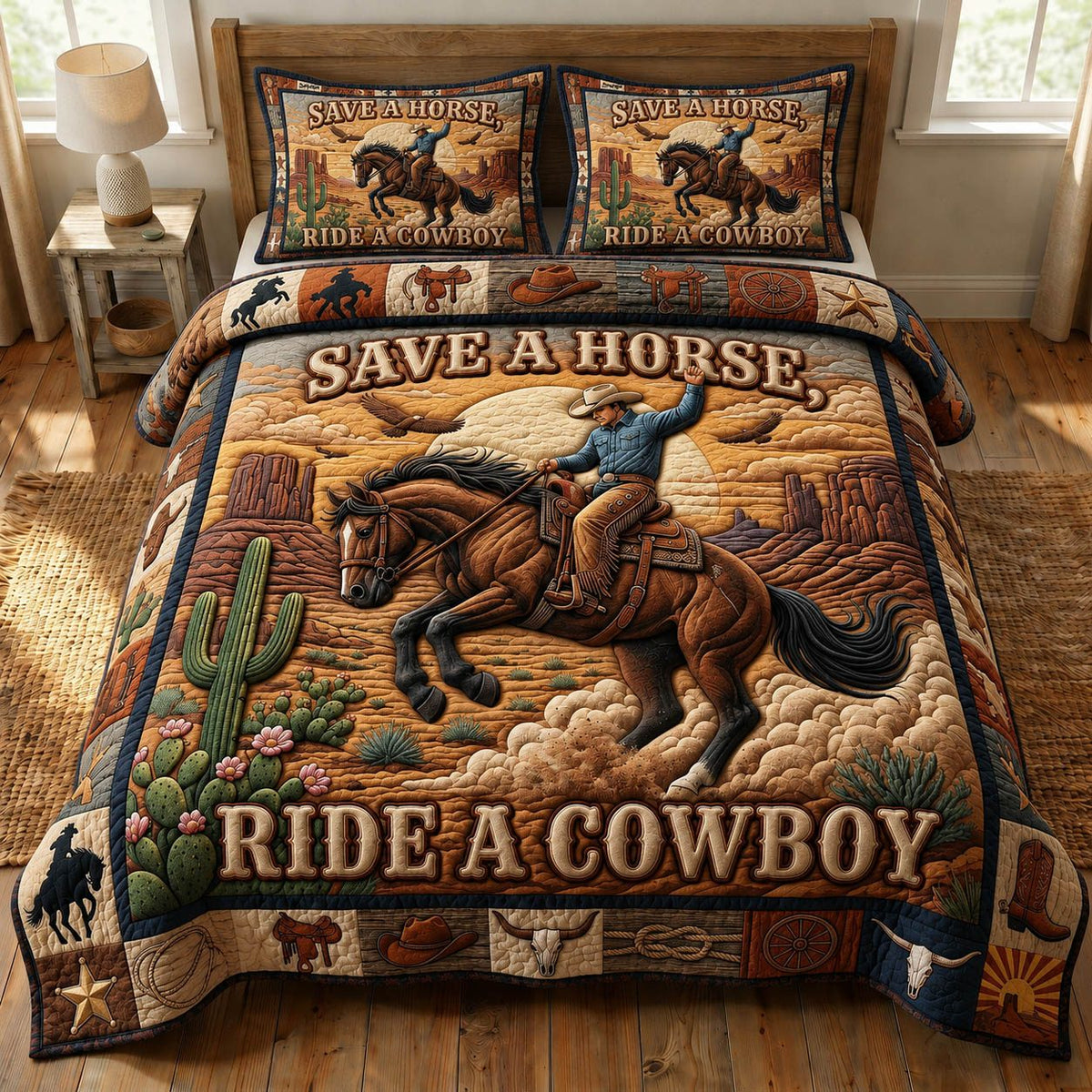 Western Cowboy quilted 3-piece bedding set on a made bed in a rustic timber bedroom