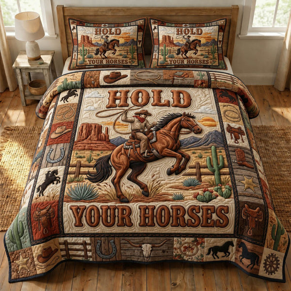 Western Cowboy quilted 3-piece bedding set on a made bed in a rustic timber bedroom