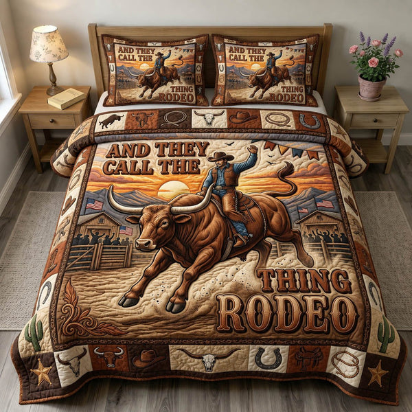 Western Cowboy quilted 3-piece bedding set on a made bed in a rustic timber bedroom