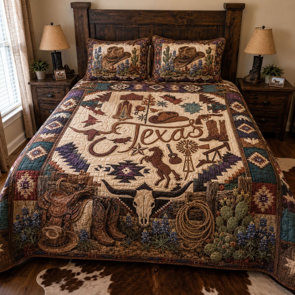 Western Cowboy Texas quilted 3-piece bedding set on a made bed in a rustic timber bedroom