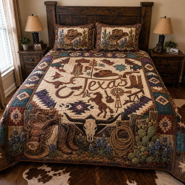 Western Cowboy Texas quilted 3-piece bedding set on a made bed in a rustic timber bedroom