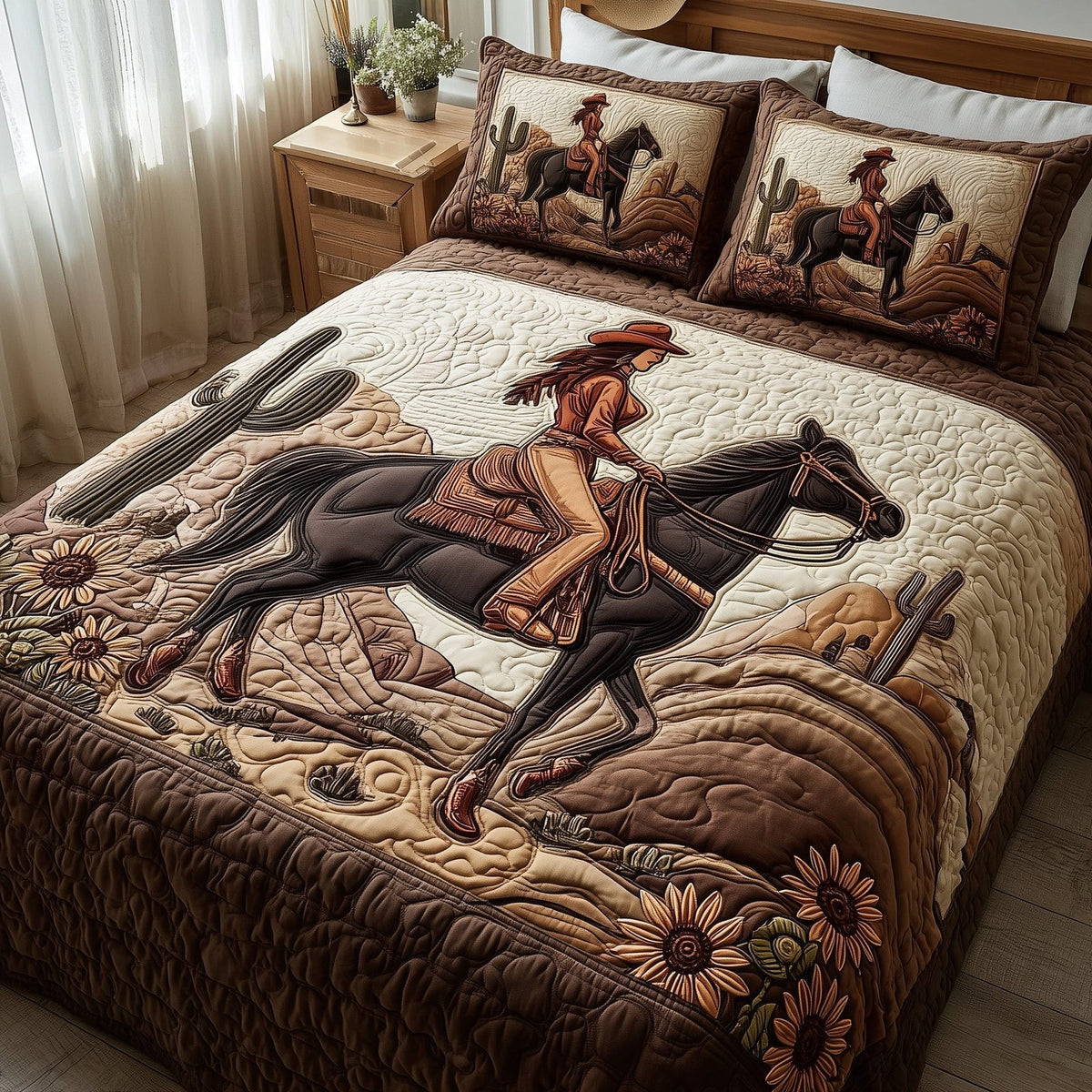 Western Cowgirl quilted 3-piece bedding set on a made bed in a rustic timber bedroom