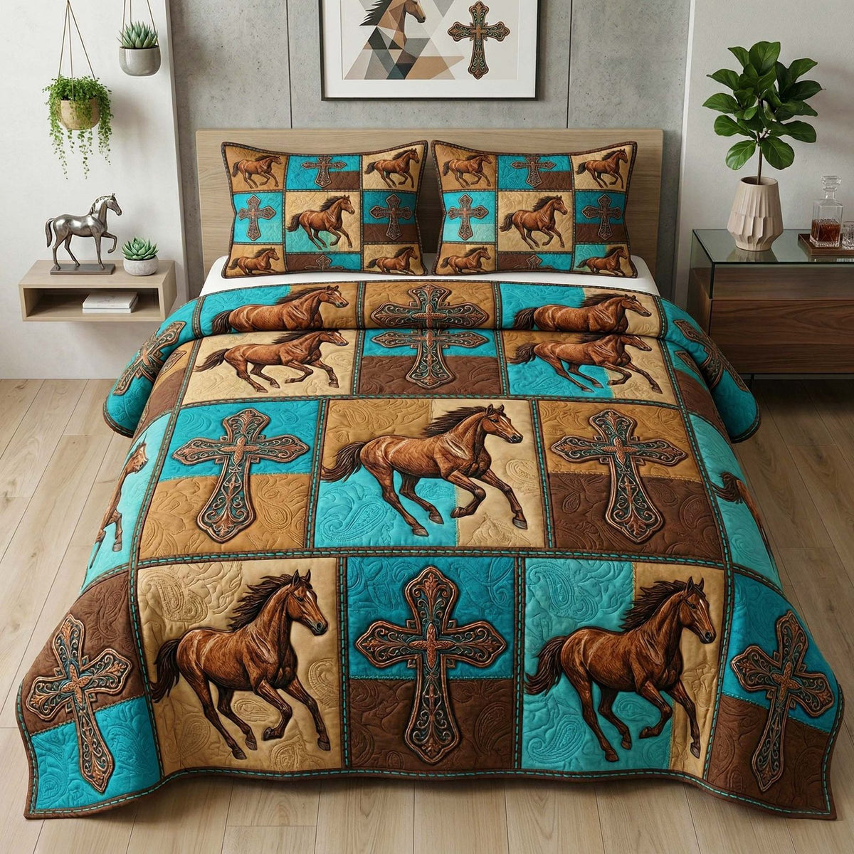 Western Cross quilted 3-piece bedding set on a made bed in a softly lit bedroom