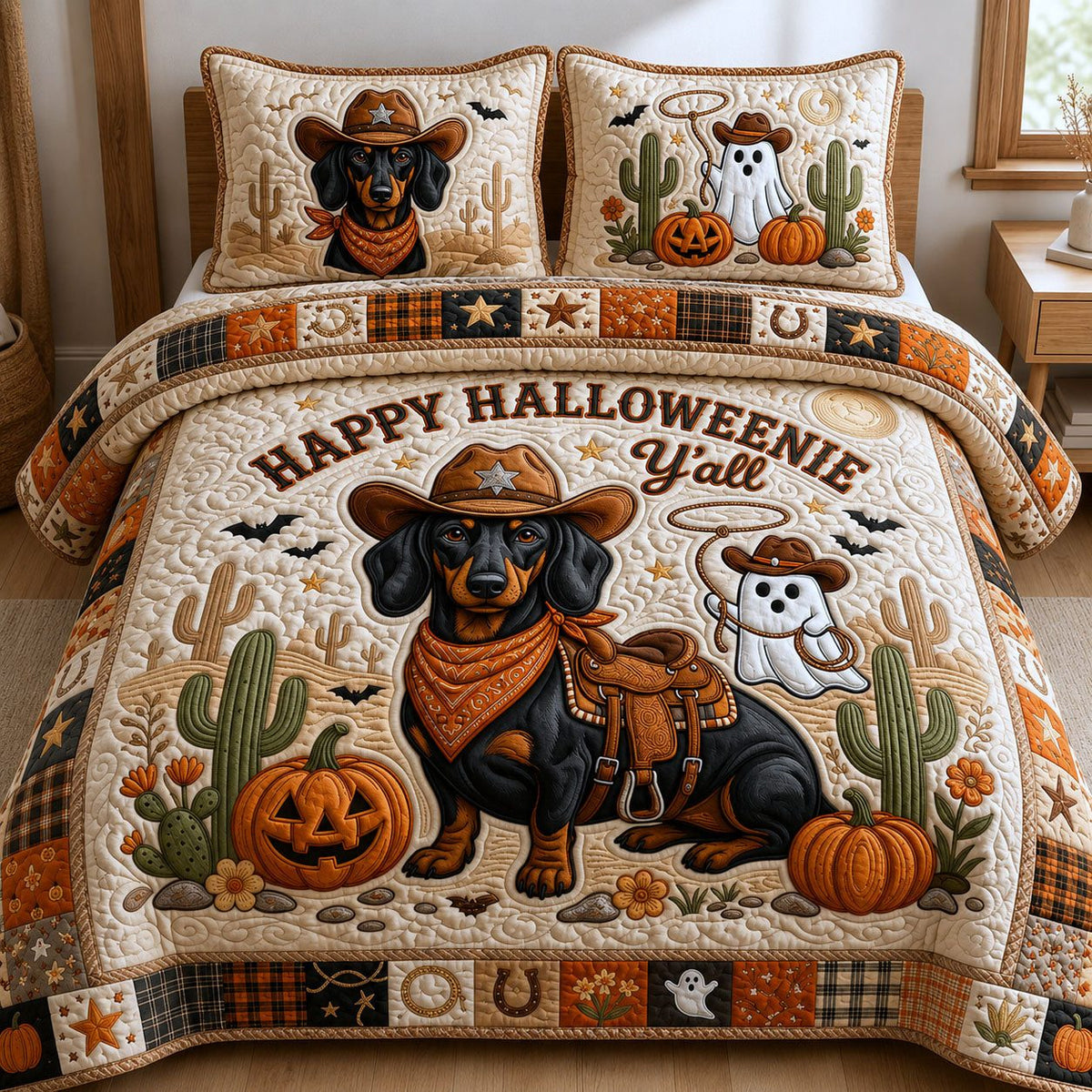 Western Dachshund Halloween quilted 3-piece bedding set on a made bed against a dark styled interior