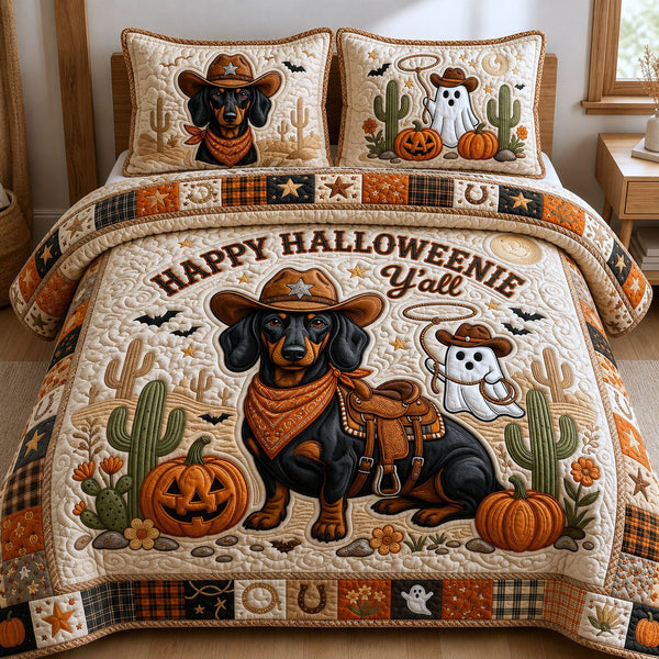 Western Dachshund Halloween quilted 3-piece bedding set on a made bed against a dark styled interior