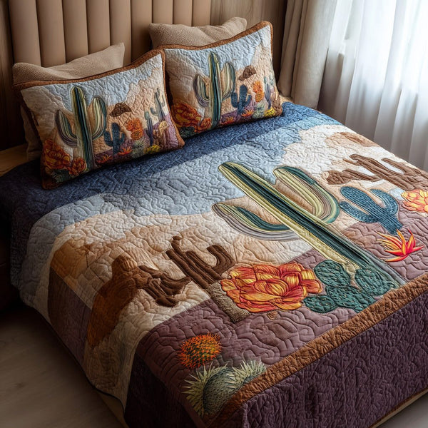 Western Dawn quilted 3-piece bedding set on a made bed in a rustic timber bedroom