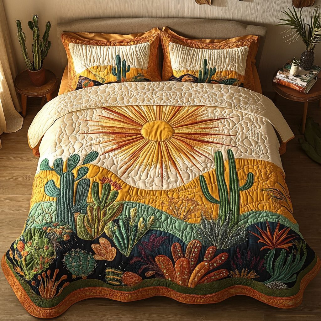 Western Dawn quilted 3-piece bedding set on a made bed in a rustic timber bedroom