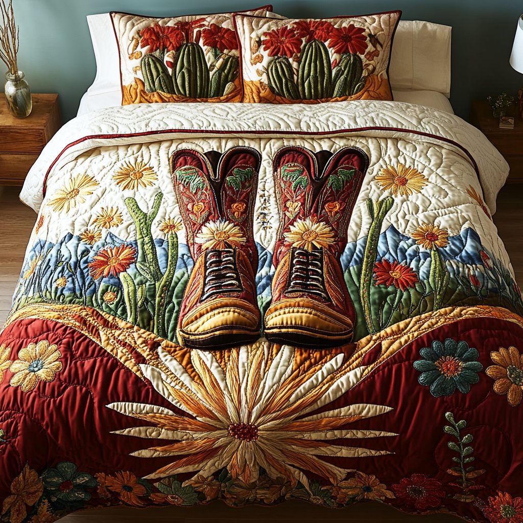 Western Dreams quilted 3-piece bedding set on a made bed in a rustic timber bedroom