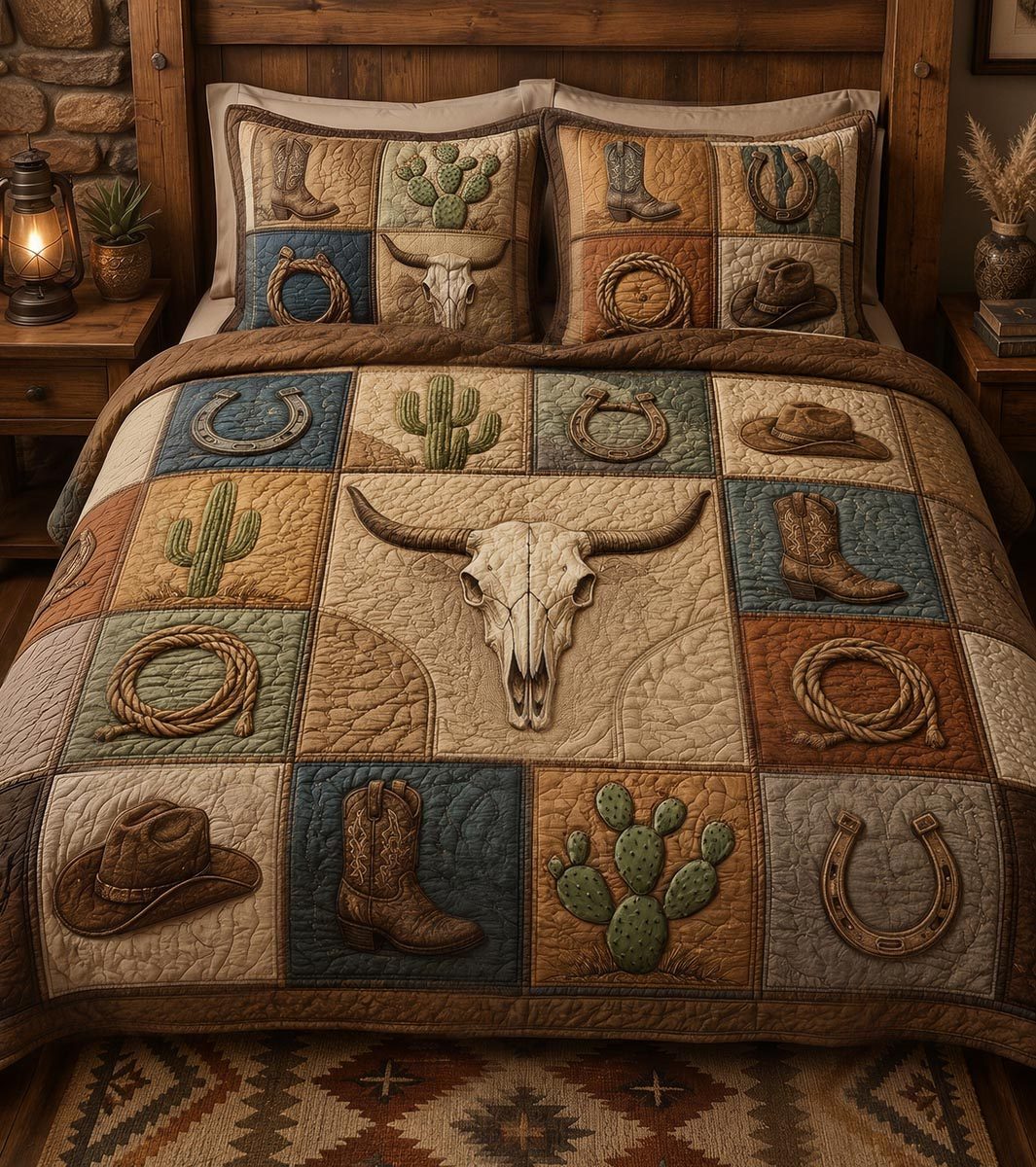 Western Dusk Legacy quilted 3-piece bedding set on a made bed in a rustic timber bedroom