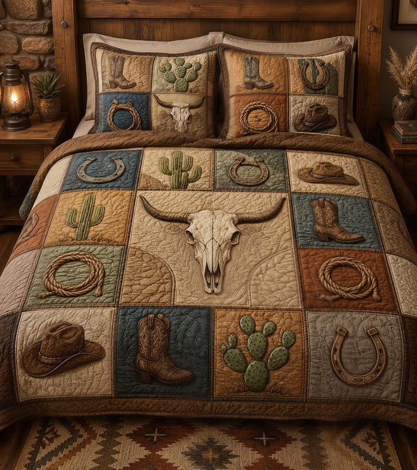 Western Dusk Legacy quilted 3-piece bedding set on a made bed in a rustic timber bedroom