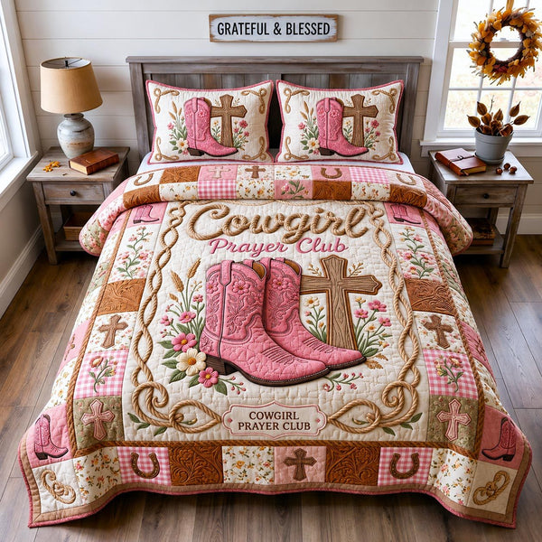 Western Faith quilted 3-piece bedding set on a made bed in a softly lit bedroom