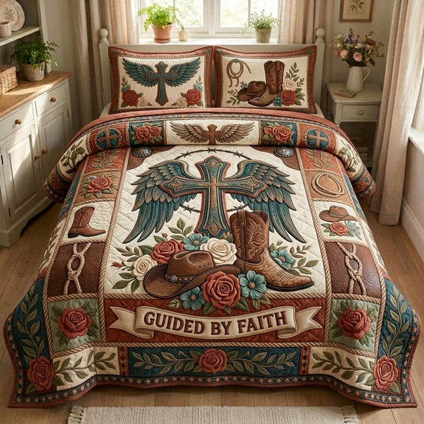 Western Faith quilted 3-piece bedding set on a made bed in a softly lit bedroom