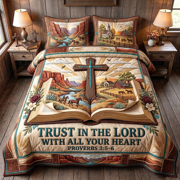 Western Faith quilted 3-piece bedding set on a made bed in a softly lit bedroom