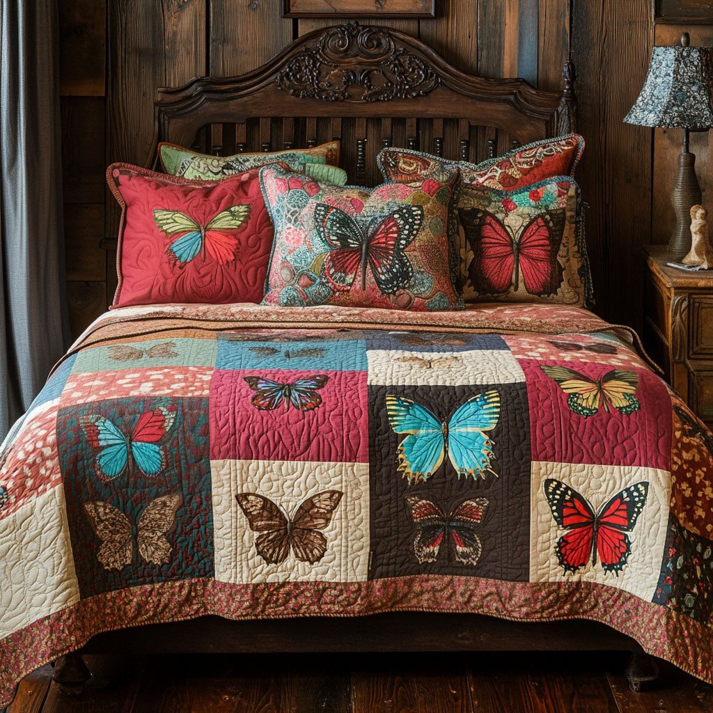 Western Flight quilted 3-piece bedding set on a made bed in a rustic timber bedroom