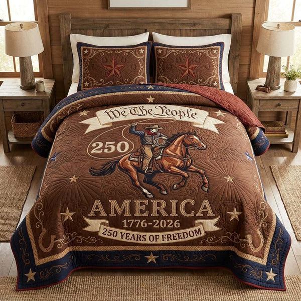 Western Freedom quilted 3-piece bedding set on a made bed in a warmly lit bedroom