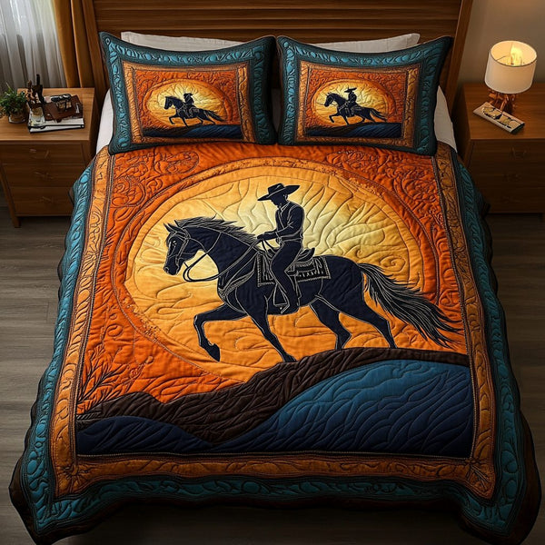 Western Frontier quilted 3-piece bedding set on a made bed in a rustic timber bedroom