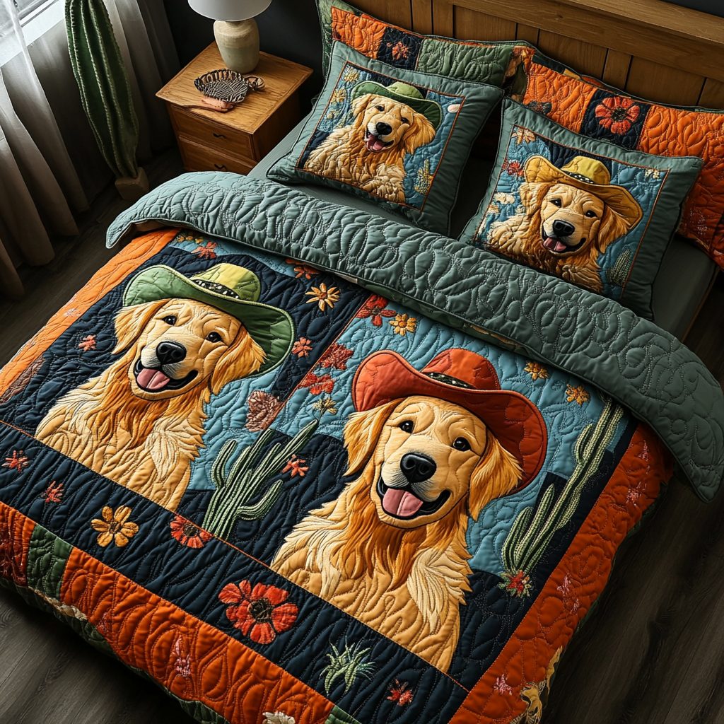 Western Fur quilted 3-piece bedding set on a made bed in a rustic timber bedroom