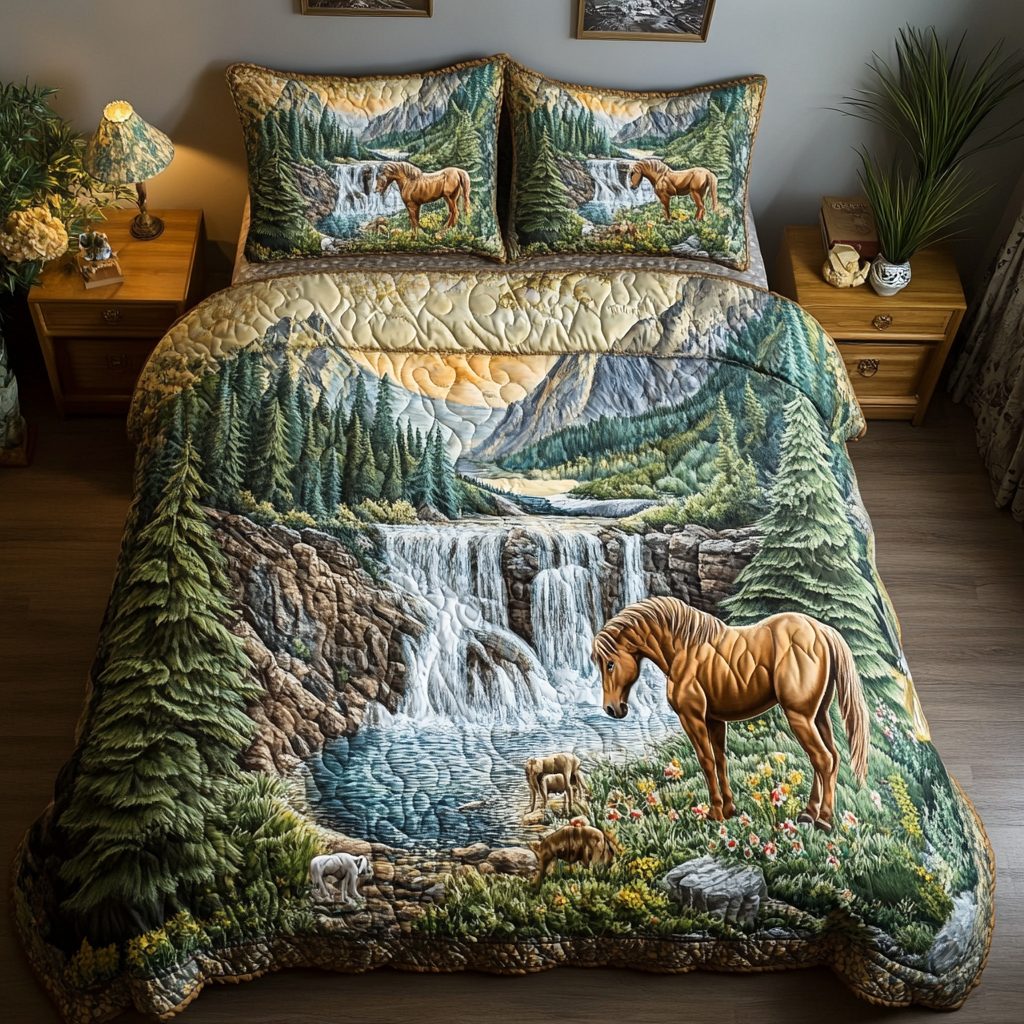 Western Gallop quilted 3-piece bedding set on a made bed in a rustic timber bedroom