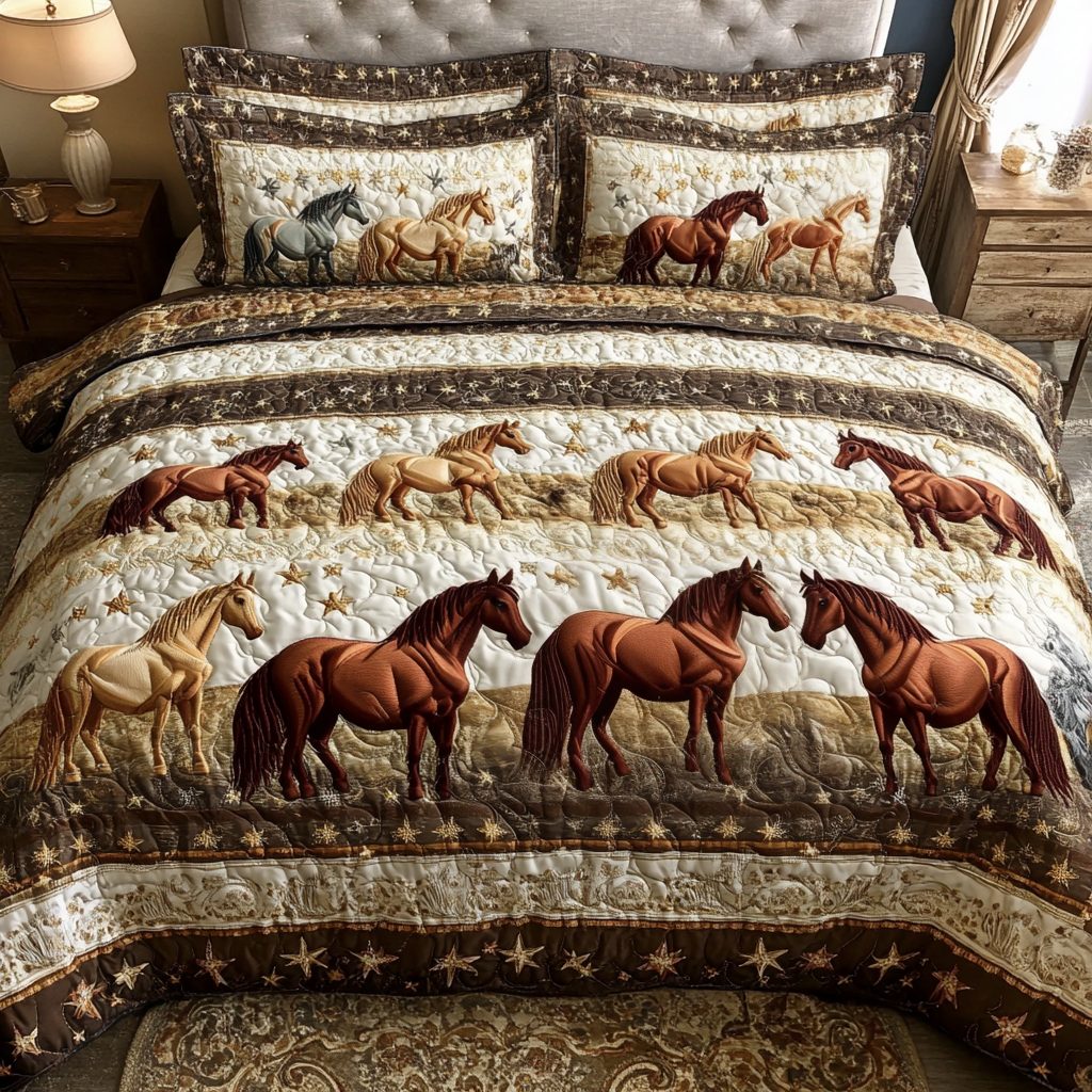 Western Glory quilted 3-piece bedding set on a made bed in a rustic timber bedroom