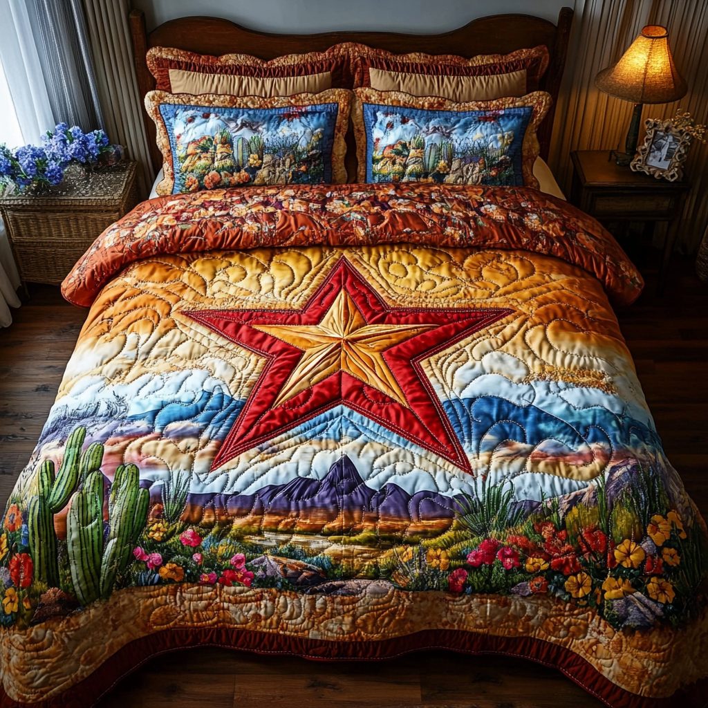 Western Glow quilted 3-piece bedding set on a made bed in a rustic timber bedroom