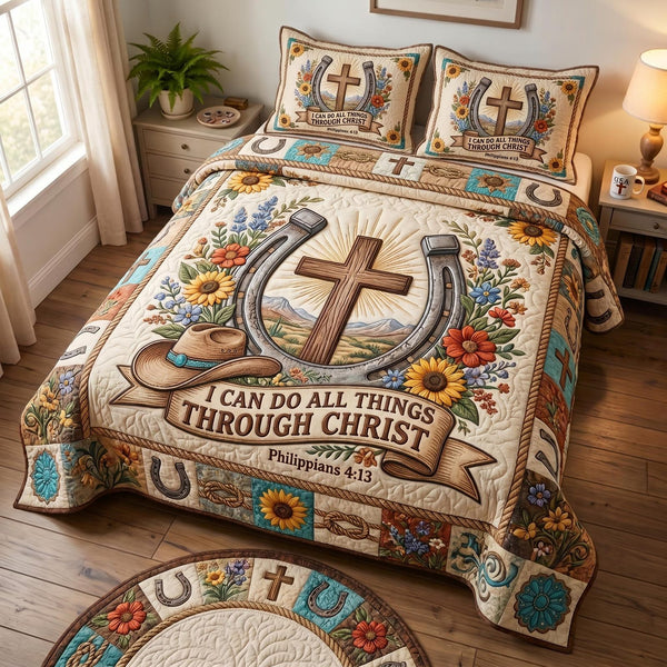 Western Grace quilted 3-piece bedding set on a made bed in a rustic timber bedroom