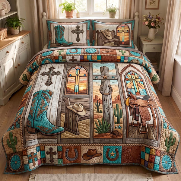 Western Grace quilted 3-piece bedding set on a made bed in a rustic timber bedroom