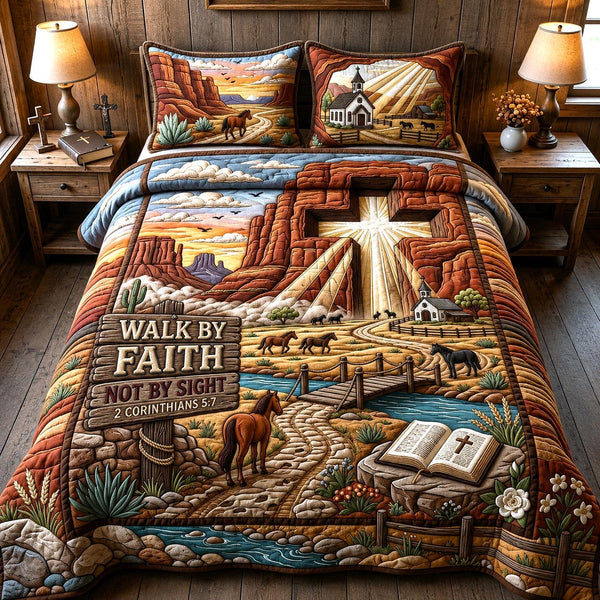 Western Grace quilted 3-piece bedding set on a made bed in a rustic timber bedroom