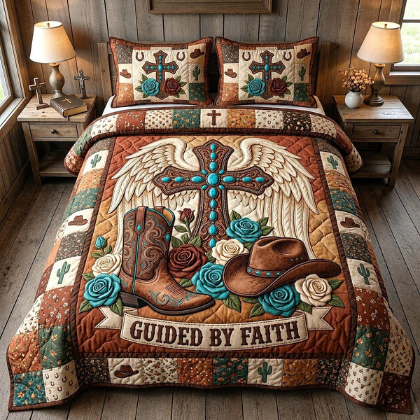 Western Grace quilted 3-piece bedding set on a made bed in a rustic timber bedroom