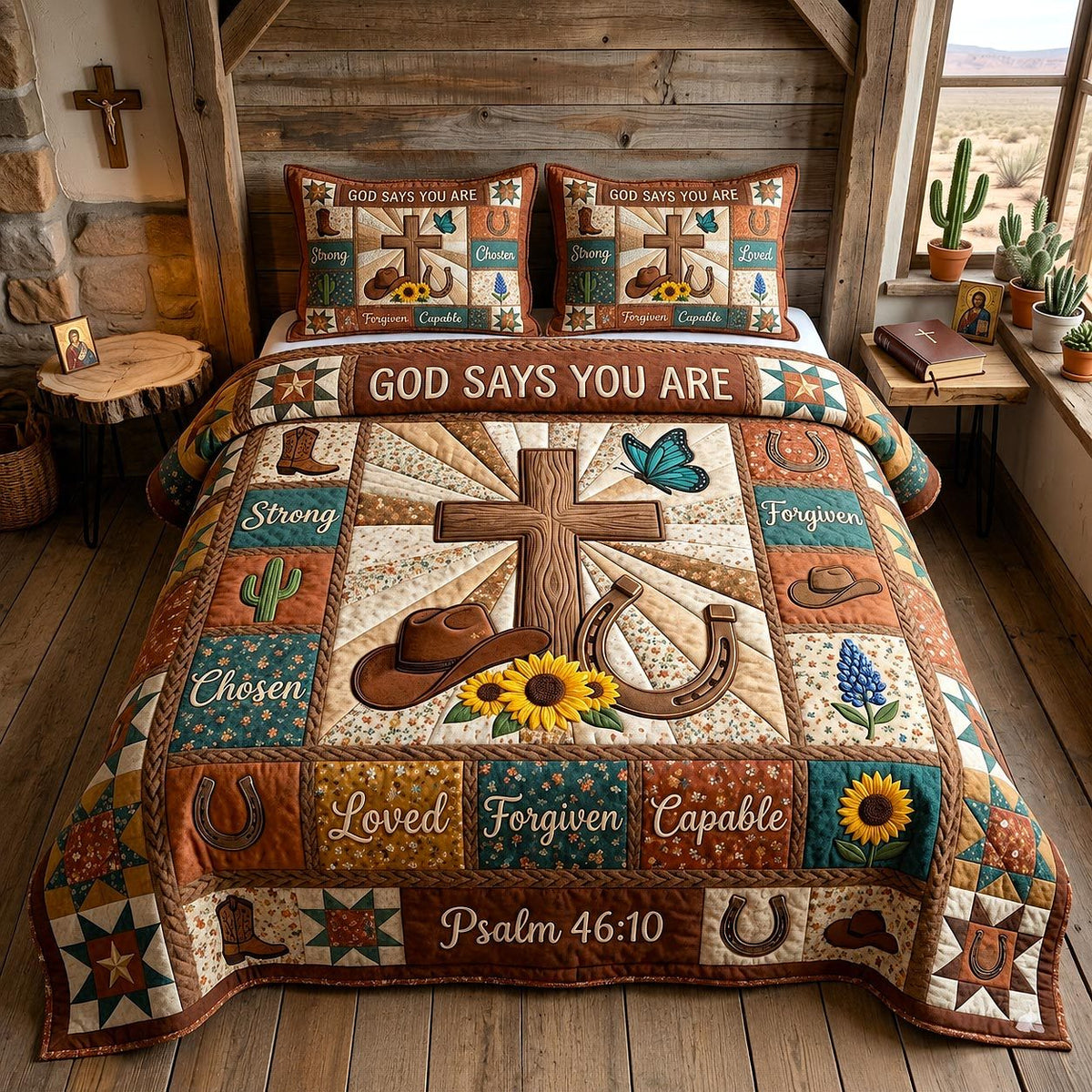 Western Grace quilted 3-piece bedding set on a made bed in a rustic timber bedroom