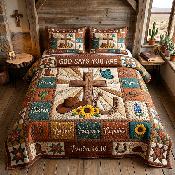 Western Grace quilted 3-piece bedding set on a made bed in a rustic timber bedroom