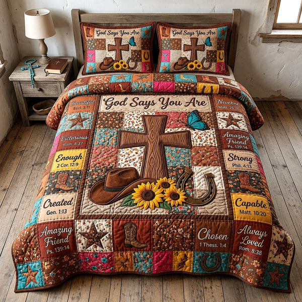 Western Grace quilted 3-piece bedding set on a made bed in a rustic timber bedroom