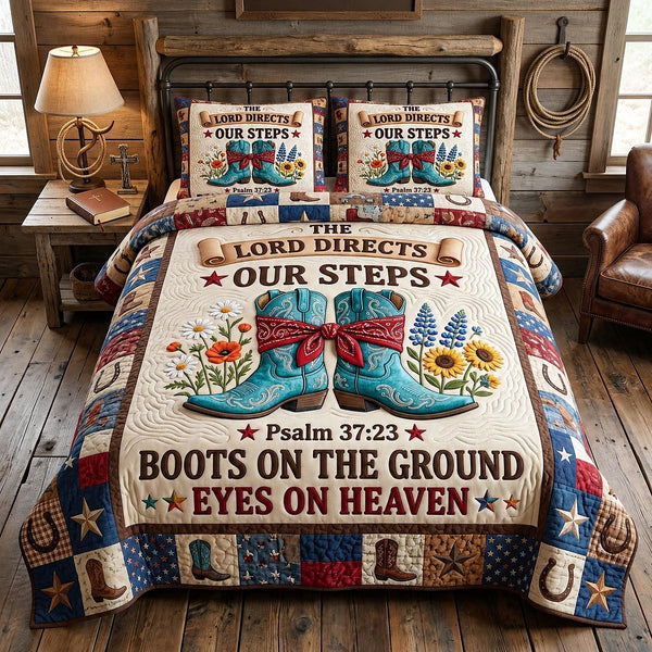 Western Grace quilted 3-piece bedding set on a made bed in a rustic timber bedroom
