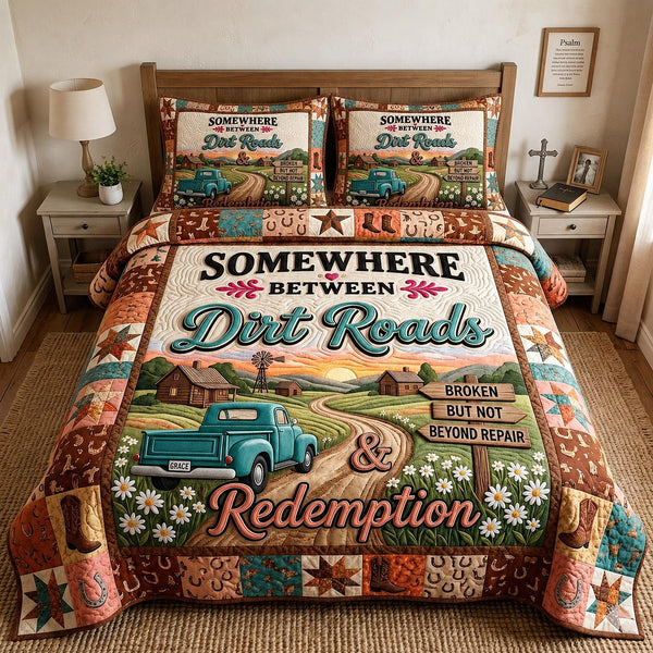 Western Grace quilted 3-piece bedding set on a made bed in a rustic timber bedroom
