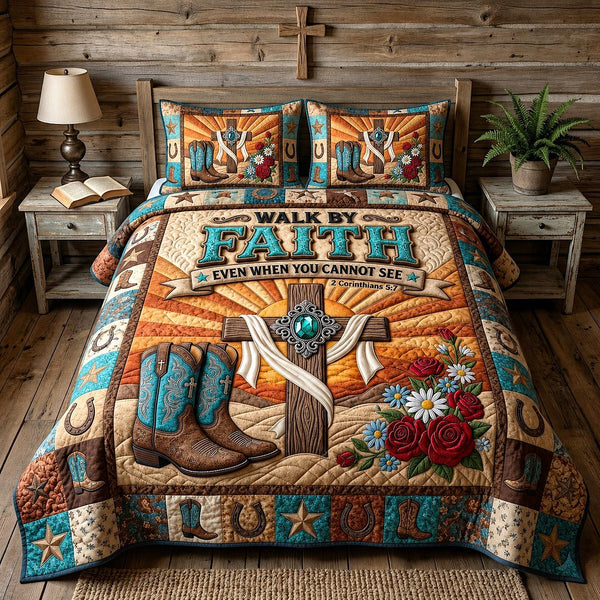 Western Grace quilted 3-piece bedding set on a made bed in a rustic timber bedroom